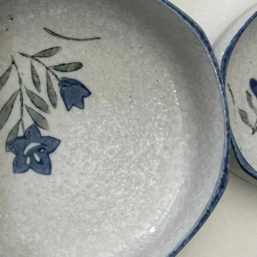 Vintage Blue White Speckled Ceramic Lot 5 Sauce Dishes Japanese Bellflower Set